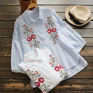 3/4-sleeve Striped Embroidery Blouse