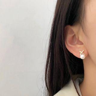 Cross Rhinestone Faux Pearl Dangle Earring 1 Pair - Gold & White - One Size