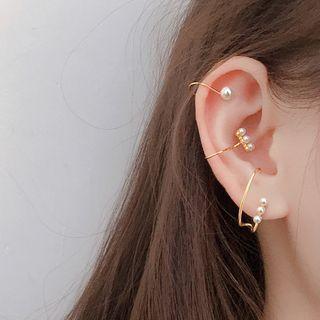 Non-matching 925 Sterling Silver Faux Pearl Cuff Earring Set Of 3 - 925 Silver - Gold - One Size