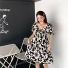 Puff-sleeve Floral A-line Mini Dress Black & White - One Size