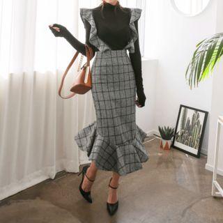Frilled-suspender Check Midi Mermaid Dress