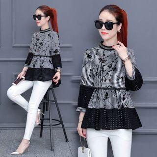 Gathered-waist 3/4--sleeved Floral Print Gingham Panel Blouse