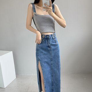 Suspender Slit Denim Midi Skirt