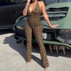 Sleeveless Halter Neck Houndstooth Skinny Jumpsuit