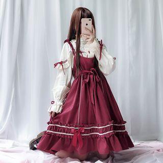 Crochet Lace Headpiece / Short-sleeve Lace-up Blouse / Ruffle Strap A-line Dress / Long-sleeve Ruffled A-line Dress