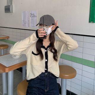 Round-neck Two Tone Pocket Button-up Cardigan