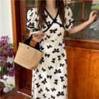Puff-sleeve Ribbon Print Midi A-line Dress White - One Size