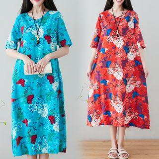 Elbow-sleeve All Over Print Midi Dress