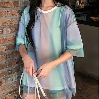 Elbow-sleeve Mock Two-piece Gradient T-shirt