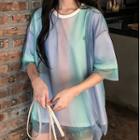 Elbow-sleeve Mock Two-piece Gradient T-shirt