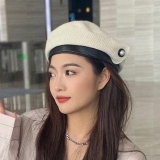 Faux Leather Panel Beret