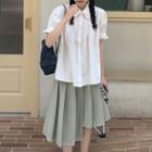 Puff-sleeve Collared Blouse / Pleated Midi A-line Skirt