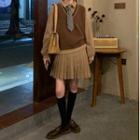 Long-sleeve Mini A-line Pleated Dress / Knit Vest / Neck Tie