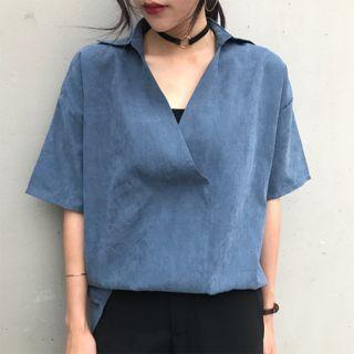 Plain Split Neck Elbow Sleeve Shirt