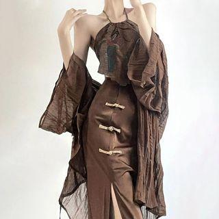Halter Camisole Top / Cardigan / Slit Midi Pencil Skirt / Set
