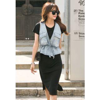 Set: Round-neck Slit-side Dress + Pocket-detail Denim Vest