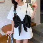 Mock Two-piece Short-sleeve Bow T-shirt As Shown In Figure - One Size