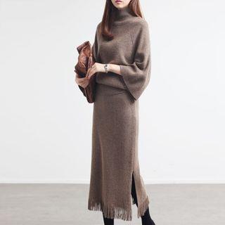 Set: High Neck Plain Sweater + Tassel Slit-side Knit Skirt