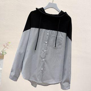 Striped Panel Button-up Hoodie