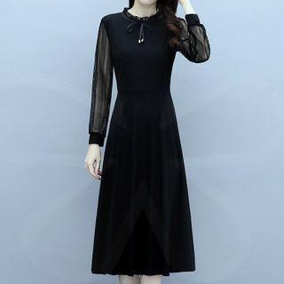 Long-sleeve Bow Mesh Panel A-line Dress