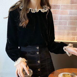 Lace Trim Velvet Blouse Lace - Black - One Size