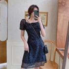 Floral Mesh Puff-sleeve A-line Dress