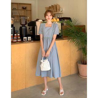 Square-neck Lace-trim Shirred Dress