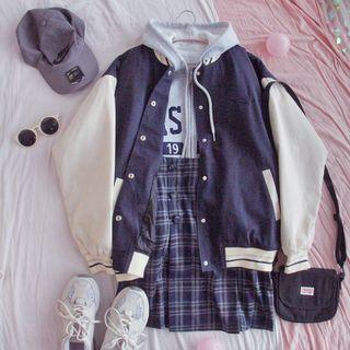 Hooded Baseball Jacket 1 Pc - Sweater - Navy Blue & White - One Size