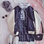 Hooded Baseball Jacket 1 Pc - Sweater - Navy Blue & White - One Size