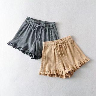 Plain Drawstring Ruffle Trim Shorts