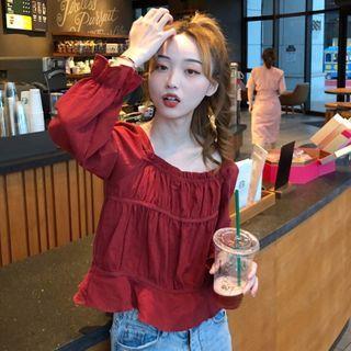 Long-sleeve Frill Trim Square-neck Blouse