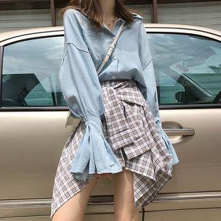 Trumpet-cuff Denim Shirt / Plaid Asymmetrical A-line Skirt