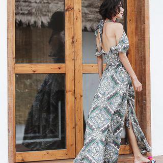 Patterned Open-back Cold-shoulder Maxi Sundress