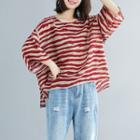 Striped Round-neck Cropped Sleeve T Shirt Red - Stripe - L