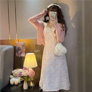 Spaghetti-strap Floral Midi A-line Dress / Pointelle Knit Cardigan