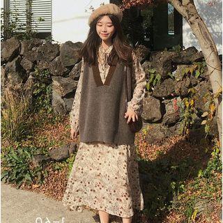 Set: Long-sleeve Floral Print Midi A-line Dress + V-neck Knit Vest