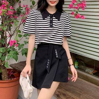 Short-sleeve Lapel Striped T-shirt / High-waist A-line Slit Mini Skirt