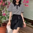Short-sleeve Lapel Striped T-shirt / High-waist A-line Slit Mini Skirt