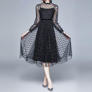 Set: Plaid Mesh Midi A-line Dress + Contrast Trim Tweed Jacket