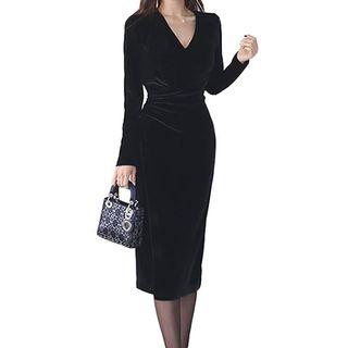 Long-sleeve Midi Velvet Sheath Dress