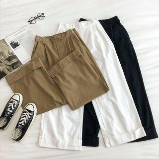 Roll-up Plain High-waist Cropped Pants