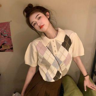 Short-sleeve Argyle Knit Top As Figure - One Size