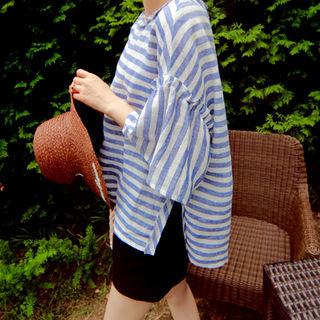 Frill-sleeve Slit-hem Linen Top