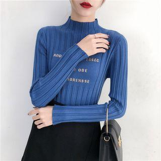 Mock Neck Ruffle-trim Letter Print Knit Top