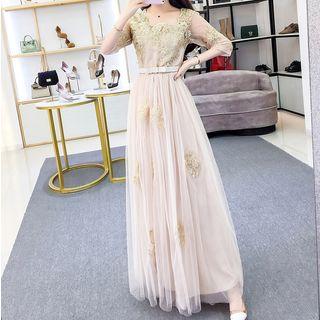 3/4-sleeve A-line Mesh Evening Gown