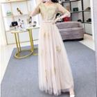 3/4-sleeve A-line Mesh Evening Gown