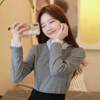 Lace-edge Slit-cuff Ribbed Top