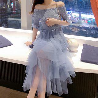 Elbow-sleeve A-line Sheer Midi Dress