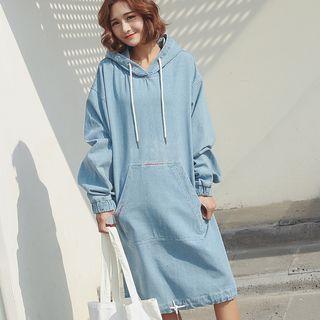 Hooded Long-sleeve Denim Midi Dress Denim Blue - One Size