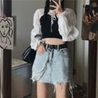 Blouse / Spaghetti Strap Top / Denim Mini Skirt